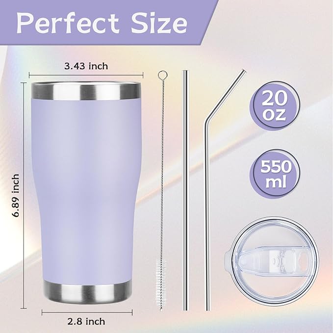 MEZMUT 20oz Coffee Tumbler with Lid and Straw Double Wall Vacuum Insulated Cup Stainless Steel Travel Mugs Insulated for Hot & Cold Leakproof Powder Coated Tumbler for Indoor Outdoor(Light Purple)