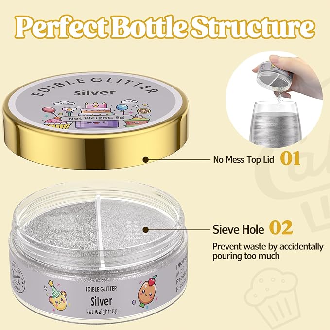 Nomeca Edible Glitter for Drinks Cakes, 8 grams Food Grade Luster Dust Sprinkles Glitter for Cake Decorations, DIY Cocktails, Beverages & Cake Decorating, Dessert Cake Topper (2-Silver)