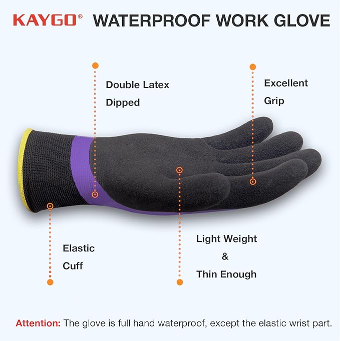 KAYGO Waterproof Work Gloves for Men and Women, Rubber Coated Non-slip Working Gloves for Garden, Outdoor Construction,KG150,Purple,XS
