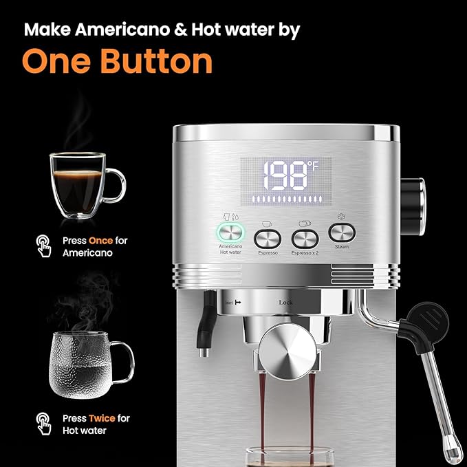 Espresso Machine 20 Bar Temperature Control LED Display Expresso Machine for Home with Steam Milk Frother for Cappuccino Latte Stainless Steel Espresso Maker with Removable Water Tank for Americano