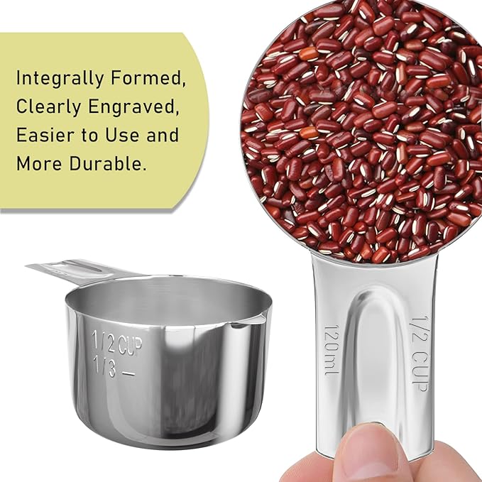 4PCS 1/2Cup (120ml, 4oz) Single Measuring Cup, Stainless Steel Measure Scoop, Metric and US Measurement, Dishwasher Safe