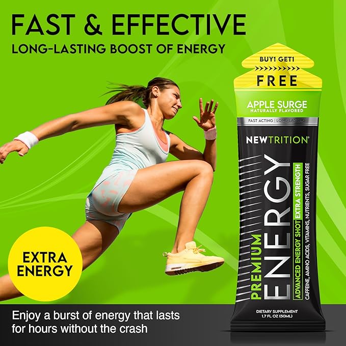 NewTrition® Extra Strength Energy Shots, 250mg Caffeine Energy Shots with Vitamin B & Amino Acids, Sugar-Free Vitamin Energy Shot, 1.7 fl oz (Pack of 6, Apple Surge)
