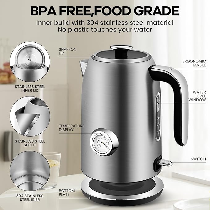 Pukomc Electric Kettle,1.7L Stainless Steel Electric tea kettle with Temperature Gauge, Fast Boiling, Auto Shut - off, BPA - Free, Boil - Dry Protection, (Silver)