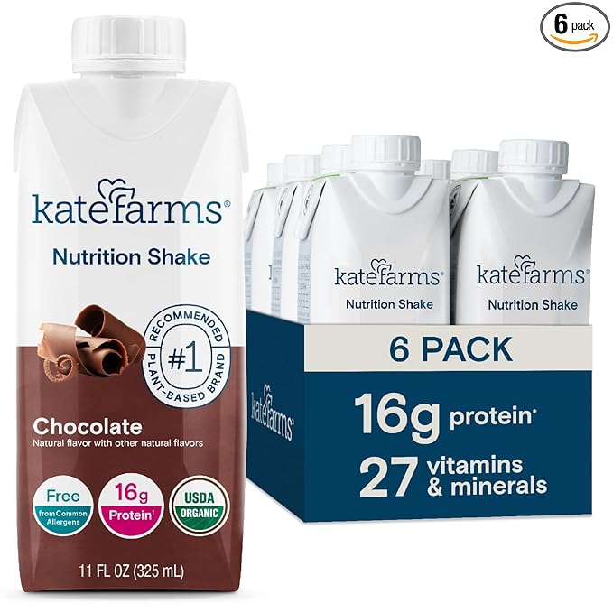 KATE FARMS Organic Nutrition Shake, Chocolate, 16g protein, 27 Vitamins and Minerals, Protein Meal Replacement Drink, Plant Based, 11 oz (6 Pack)