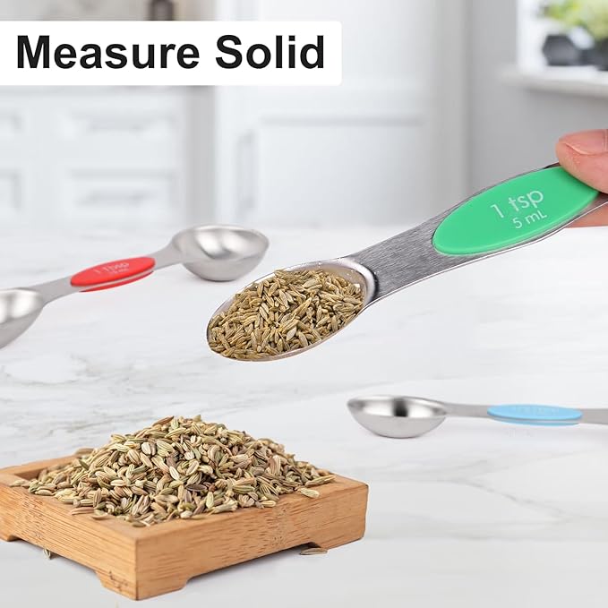 Magnetic Measuring Spoons Set - 7-Piece Stainless Steel Dual Sided Spoons with Leveler, Rustproof Nesting Design for Cooking, Baking & Medicine (US/Metric Markings, Dishwasher Safe)