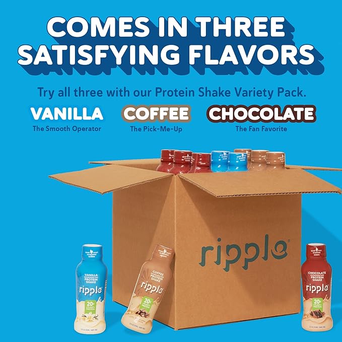 Ripple Plant Based Protein Shake Variety Pack | 20g of Quality Sourced Pea Protein, Calcium Rich | Shelf Stable | Vegan & Non GMO | Dairy, Soy, Nut, & Gluten Free | 12 Fl Oz Bottles (Pack of 12)