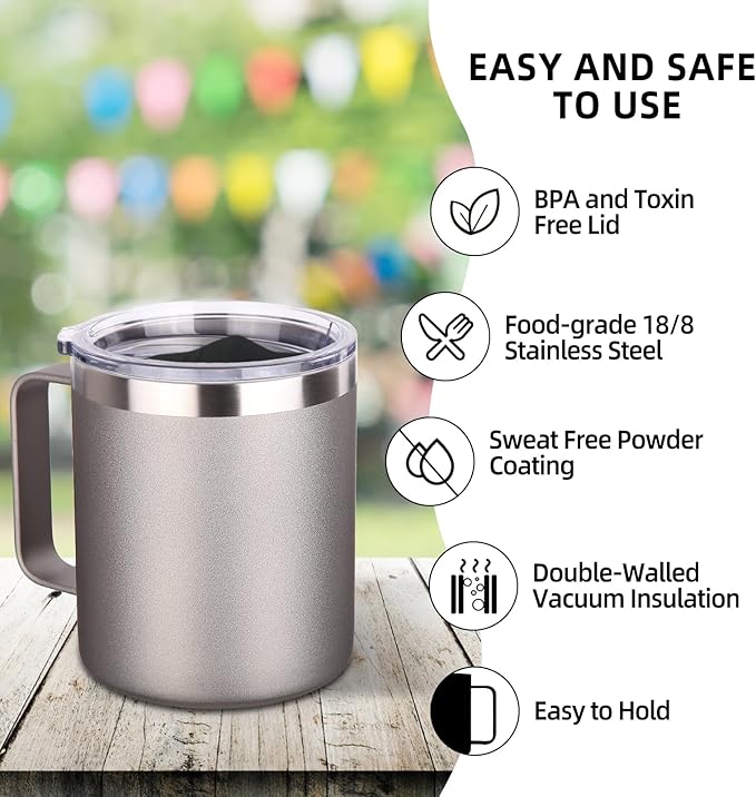 Volhoply 14oz Insulated Stainless Steel Coffee Mug with Lid Bulk 2 Pack,Double Wall Vacuum Travel Coffee Cup with Handle,Reusable Metal Cups Tumbler,Camping Mugs Keep Hot,Ideal Gifts(Gray,2 Set)