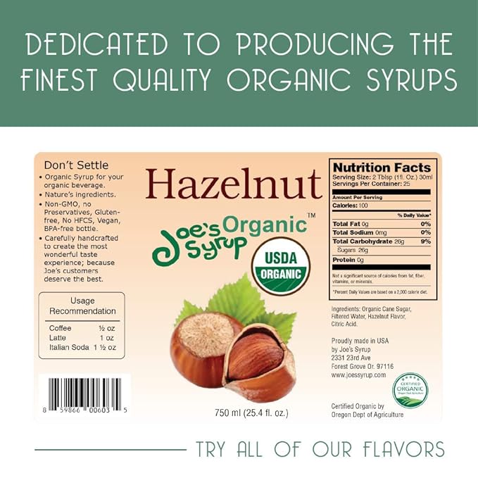 Joe’s Syrup Organic Flavored Syrup, Organic Hazelnut, 750 ml