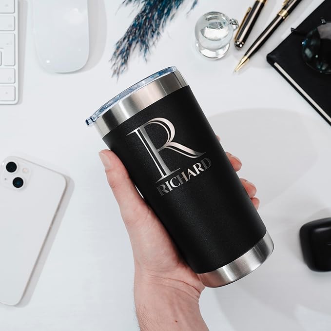 Be Burgundy Personalized Tumbler with Engraved Name - 12 Designs, 20 Oz Coffee Tumbler with Slider Lid, Black - Double Wall Insulated, Personalized Gifts for Him