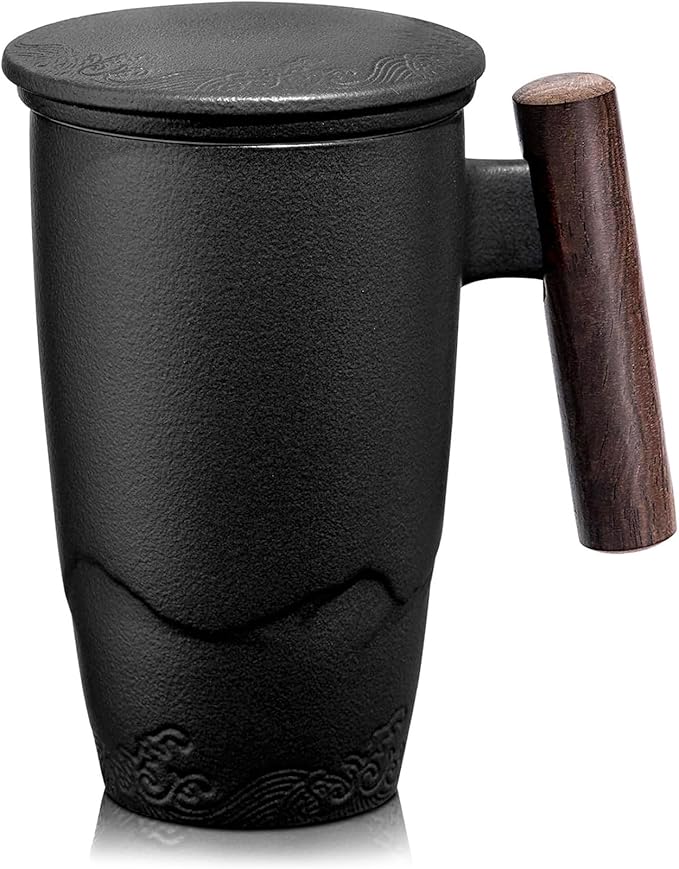 suyika Tomotime Ceramic Tea Cup with Infuser and Lid Tea Mugs Wooden Handle 400ml/13.5oz Black