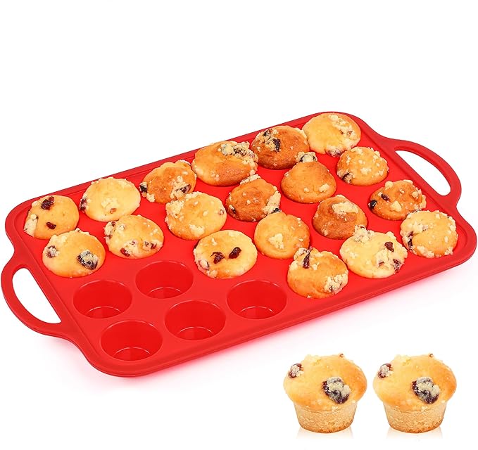 Silicone Mini Muffin Pan With Stainless Steel Reinforced Frame 24 Cups Nonstick Cupcake Molds for Baking Silicone Muffin Tray with Handles(1 Pc, Red)