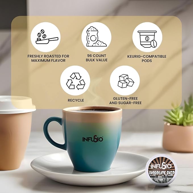 InfuSio Coffee Pods 96 Count Chocolate Chip Medium Roast Single Serve Coffee Pods for Keurig K Cups Brewers - InfuSio Premium Roasted Keurig 2.0 Compatible