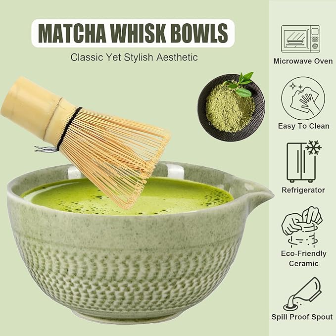 Ceramic Japanese Style Matcha Bowl Whisk Holder Temperature Resistant Braid Textured Matcha Tea Bowl Set With Spout for Trip (Green)