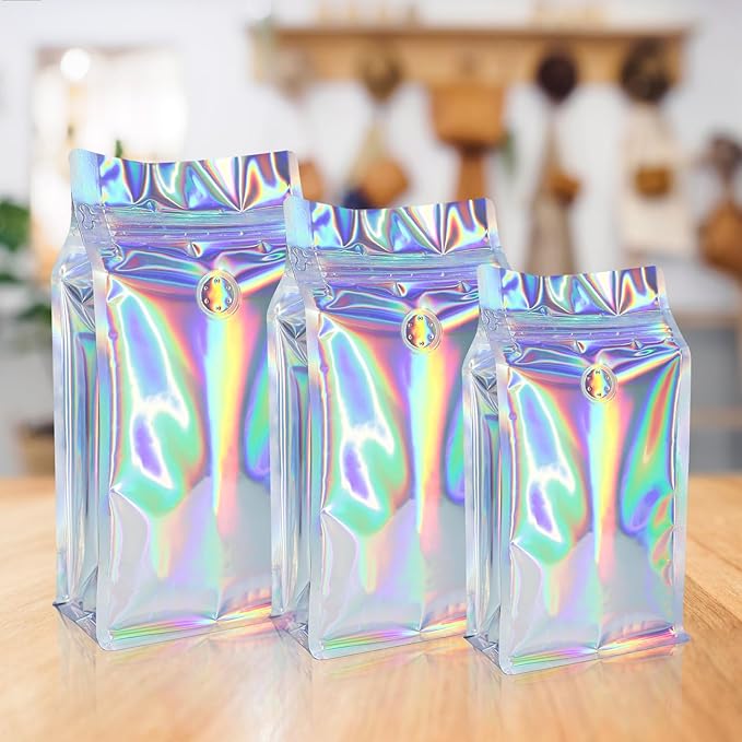 Coffee Bags with Valve (50 PCS,8oz/0.5lb) Holographic High Barrier Aluminum Foil Flat Bottom Standing Coffee Beans Storage Packaging Bags, Reusable Heat Seal Side Zipper Pouches for Small Business