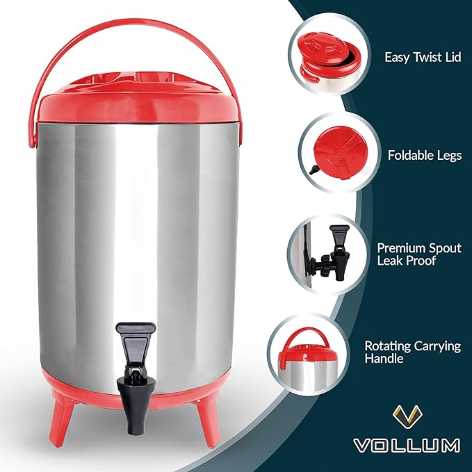Stainless Steel Insulated Beverage Dispenser – Insulated Thermal Hot and Cold Coffee Carafe – 10 Liter Drink Dispenser with Spigot for Hot Water, Tea & Coffee, Cold Milk, Juice & More RED