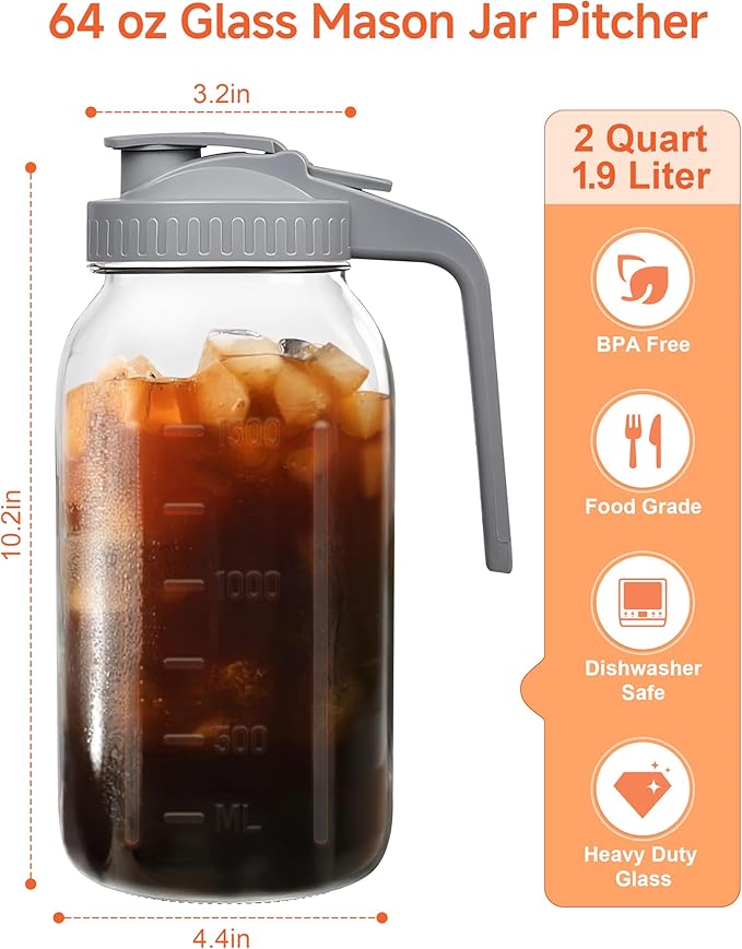 2 Quart Wide Mouth Glass Pitcher with Lid, 64oz Mason Jar Pitcher, Leak-proof Iced Tea Pitcher,Heavy Duty Container for Fridge Sweet Tea,Juice,Cold Brew Coffee,Breastmilk Storage Drinks-1PACK/Gray