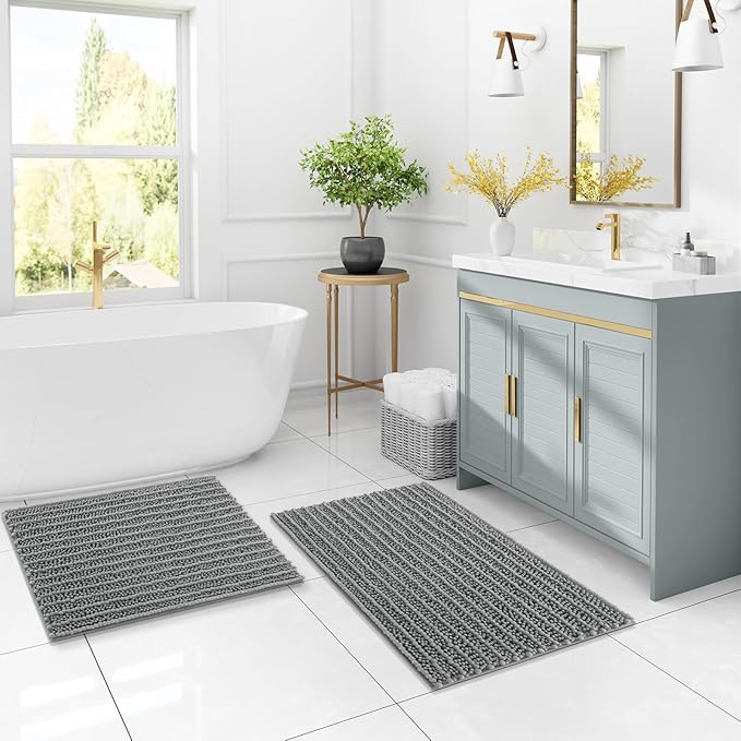 Arotive Luxury Chenille Bathroom Rug Mat, Extra Soft Thick Absorbent Shaggy Bath Rugs, Non-Slip Machine Wash Dry, Plush Bath Mats for Bathroom, Shower and Tub, 30x20, Grey