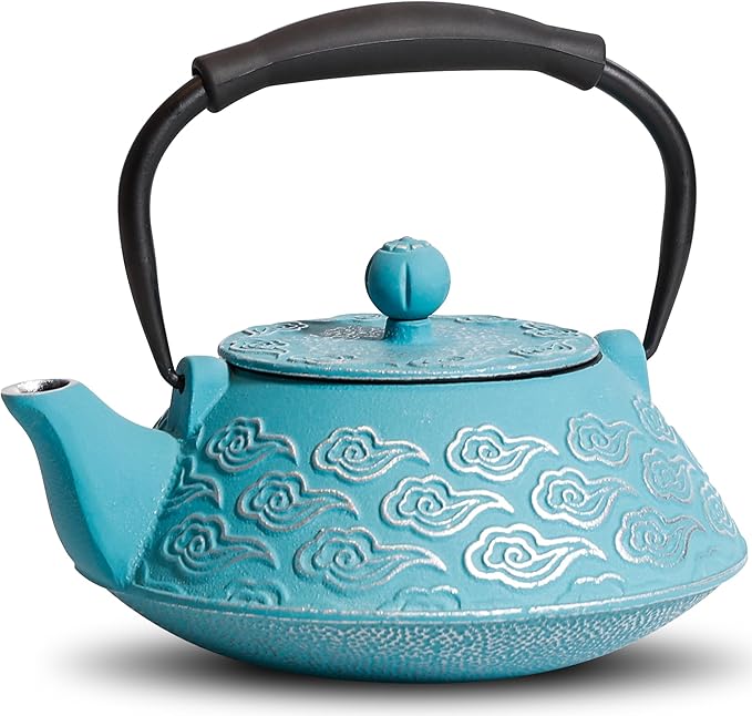 Cast Iron Teapot, Japanese Tea Pot with Infuser for Loose Leaf, Tea Kettle Stovetop Safe Coated with Enameled Interior, Clouds Pattern 27oz, 800ml Sky-Blue
