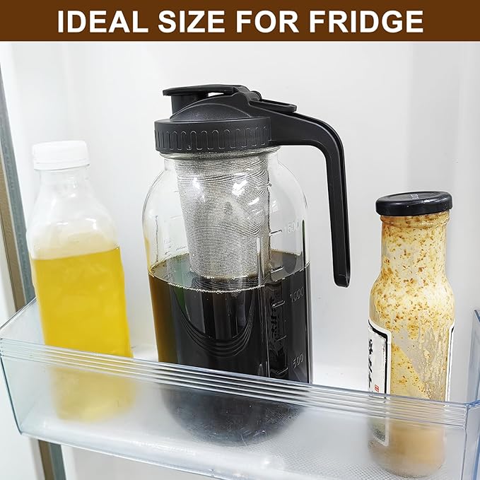 Cold Brew Coffee Maker Pitcher, 64oz Iced Coffee Tea Pitcher for Fridge with Stainless Steel Filter, 1/2 Gallon Glass Mason Jar Cold Brew Maker with Pour Spout Lid, Drying Mat, 2 Brushes, Leak-Proof