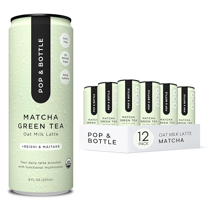 Pop & Bottle, Oat Milk Lattes - Matcha with Reishi and Maitake Mushrooms, Green Tea Latte, MCT Oil, Organic, Dairy Free, Gluten Free, Lightly Sweetened with Dates - Matcha, 8 Fl Oz (12 Pack)