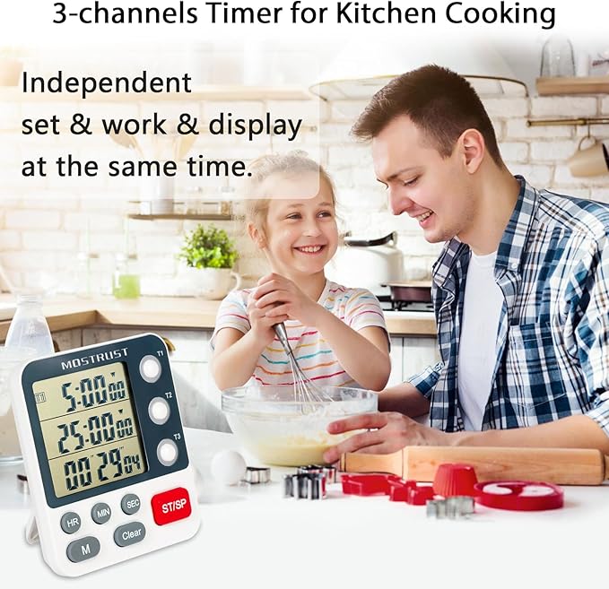 Digital Dual Kitchen Timer, 3 Channels Count Down/Up Triple Timer for Cooking, Magnetic Memory-Preset Large Display Adjustable Alarm Volume, Multi Times Management, 3A Battery Included, White