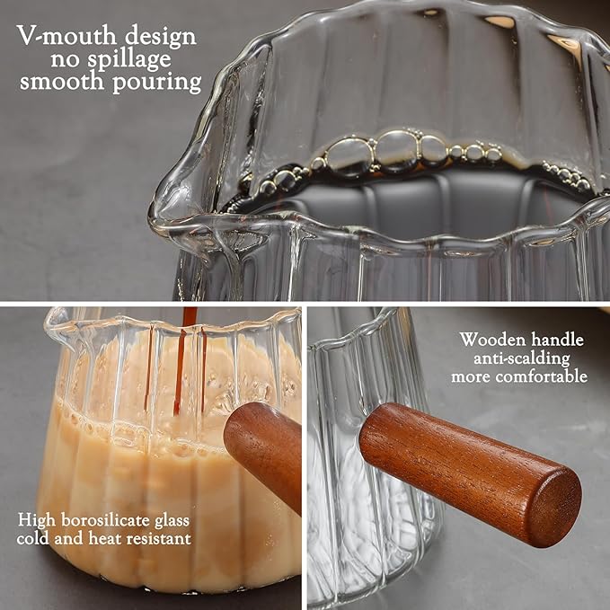 Espresso Cups 3 OZ, Double V-Shaped Spouts Cups, Espresso Shot Glasses with Wood Handle, Ribbed Milk Measuring Cup