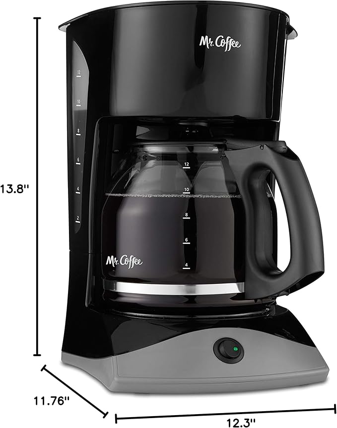 Mr. Coffee Black Coffee Maker, 12 Cups, with Auto Pause and Glass Carafe, Perfect for Home and Office Use