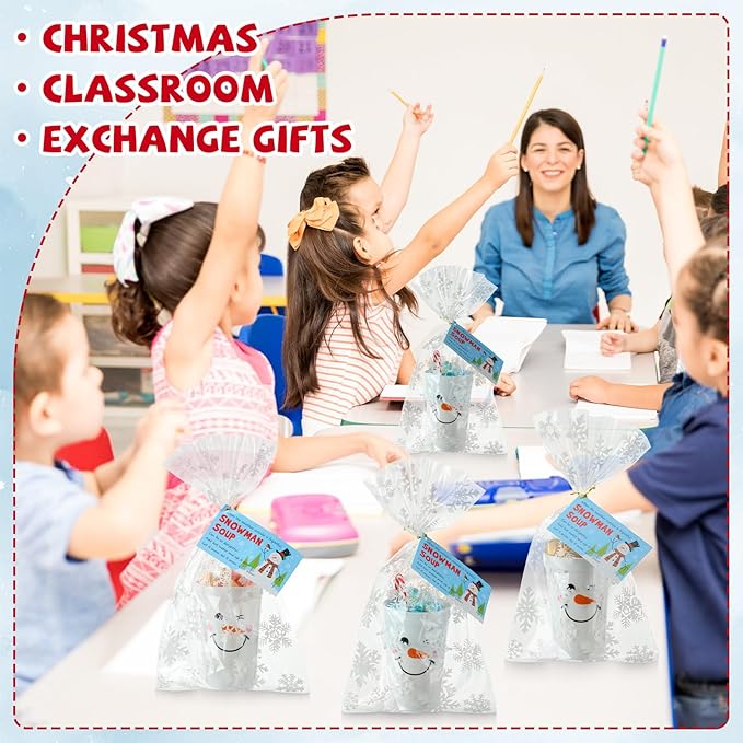 50 Sets Plastic Christmas Snowman Soup Kits for Classroom Coworker Exchange Gift 16 oz Winter Snowman Marshmallow Cups with Soup Tags Clear Xmas Bag for Hot Cocoa Chocolate