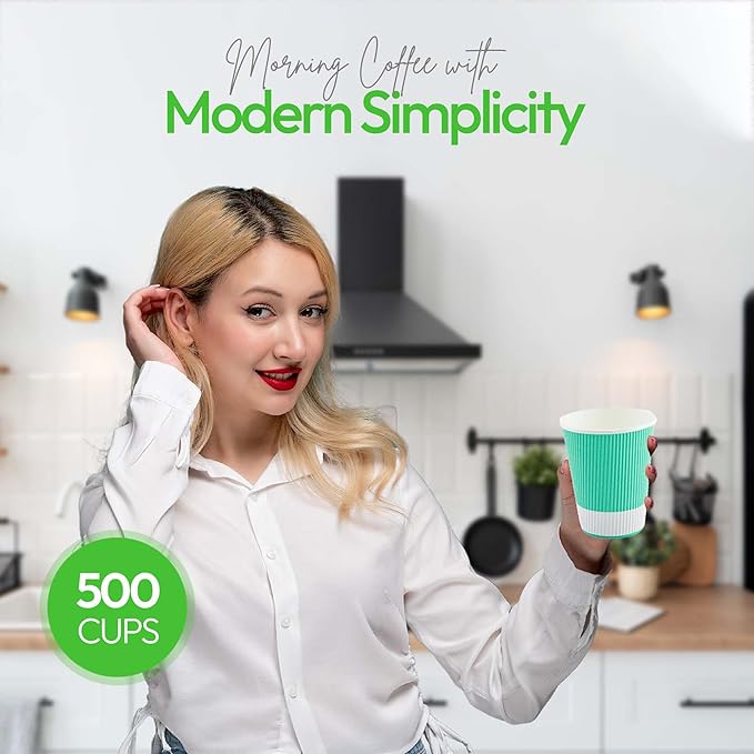 Restaurantware 12 Ounce Ripple Wall Disposable Coffee Cups, 500 Insulated Midnight Light Green Paper Tumblers with Rolled Rim Design, Lids Sold Separately for Hot Drinks like Tea, Hot Chocolate