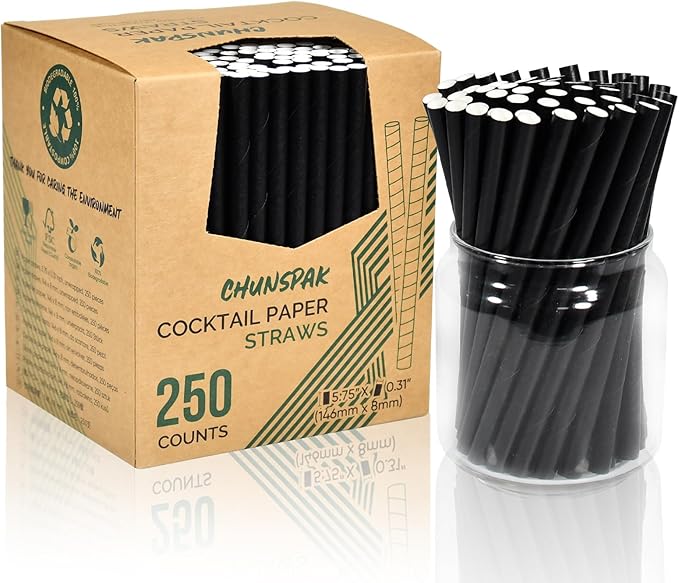 5.75 inch 8mm Wide Short Black Paper Drinking Straws Disposable for Lowball Glasses, Blended Cocktails, Margaritas, Bars, Restaurants - Unwrapped [250 Counts]