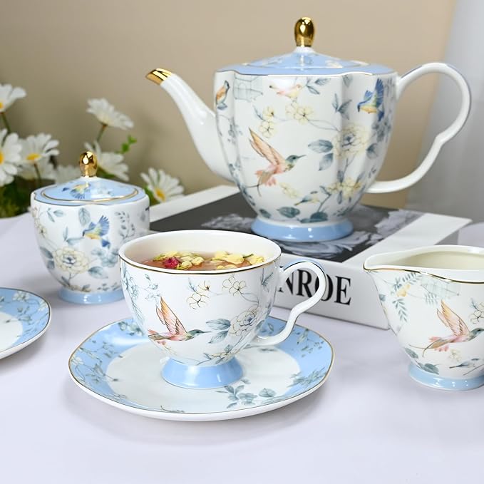 Bone China Tea Set, Porcelain Tea Sets for Adults, Blue and White Bone China Tea Cup Set for 6, Vintage Tea Sets for Women Tea Party