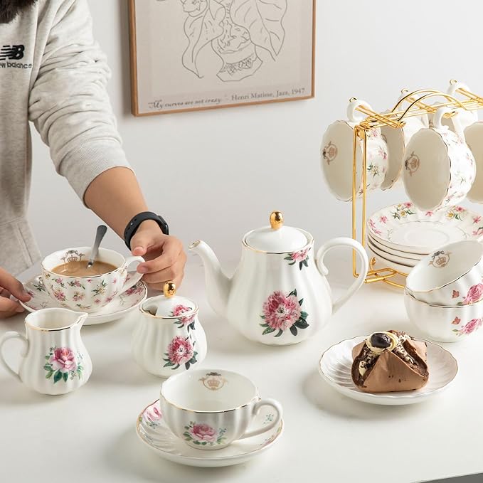 Porcelain Tea Sets British Royal Series, 8 OZ Cups & Saucer Service for 6, with Teapot Sugar Bowl Cream Pitcher Teaspoons and Tea Strainer, Suitable for High Tea, Wedding, Party (Midsummer Rose)