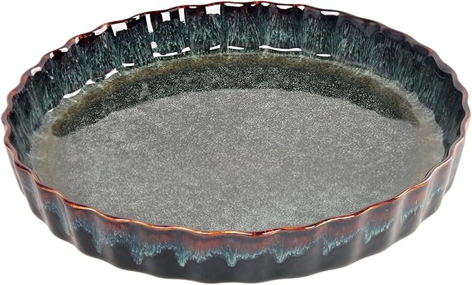 Ceramic Pie Pan Quiche Baking Dish, 11 Inch Round Ruffled Edge Au Gratin Baking Dishes, 1.4 Quart Non-Stick Pie Dish, Tart Pan, Pie Plate for Apple, Oven, Dishwasher and Microwave Safe