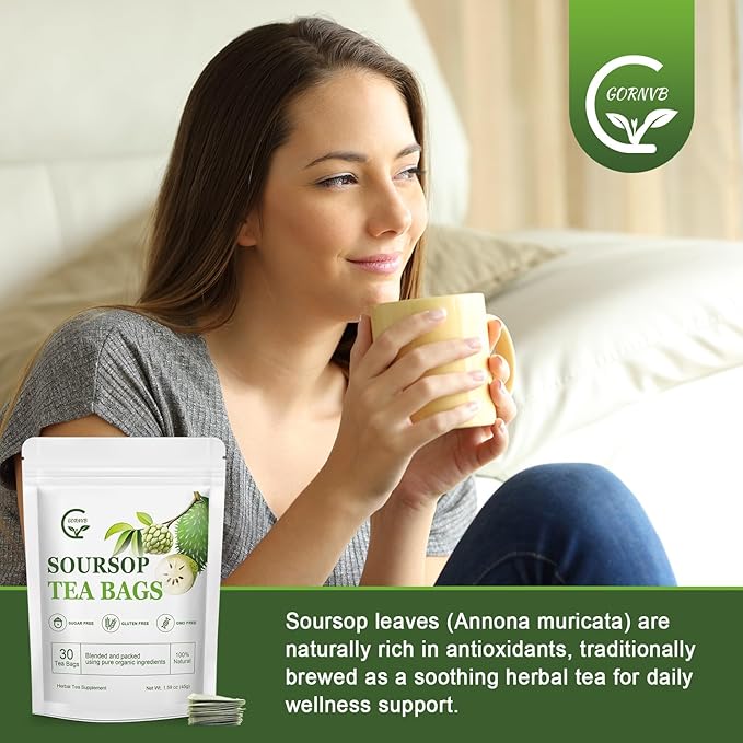 Organic Soursop Leaf Tea Bags | Annona Muricata Herbal Tea for Relaxation & Wellness | Caffeine-Free, Antioxidant Rich | 30 Count | Gluten-Free, Non-GMO