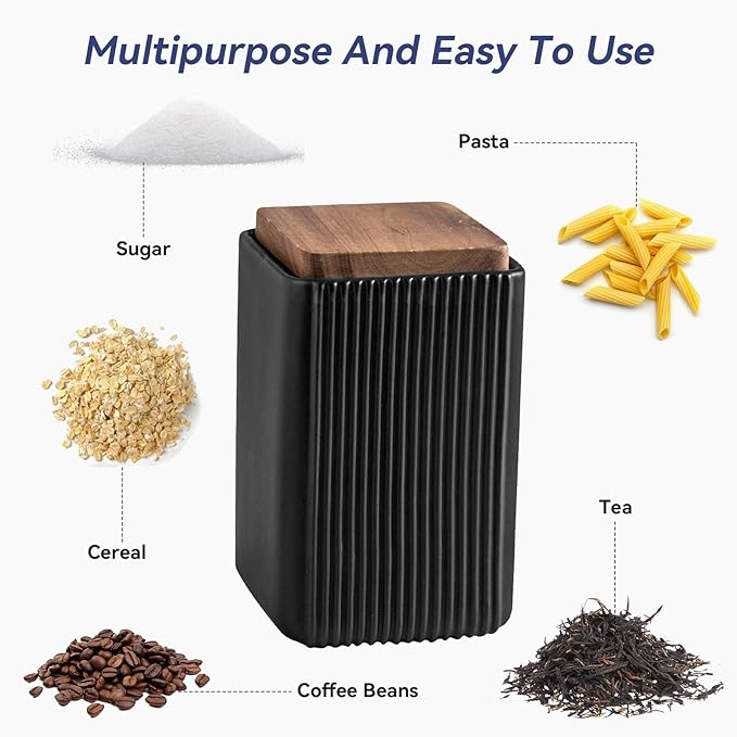Ceramic Storage Jars Modern Elegant Polished Airtight Gorgeous Storage Canisters with Wooden Lid Small Food Stroage Jar for Kitchen Spice Tea Vanilla Sugar Coffee Beans (Black,Large size,17cm*10cm)