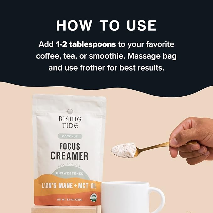 Rising Tide Organic Mushroom Superfood Creamer - Coconut Milk Powder, Lions Mane Mushrooms, & MCT Oil - Dairy Free, Unsweetened, Keto Friendly & Plant-Based - Only 4 Ingredients - Add to Coffee, Matcha or Smoothies