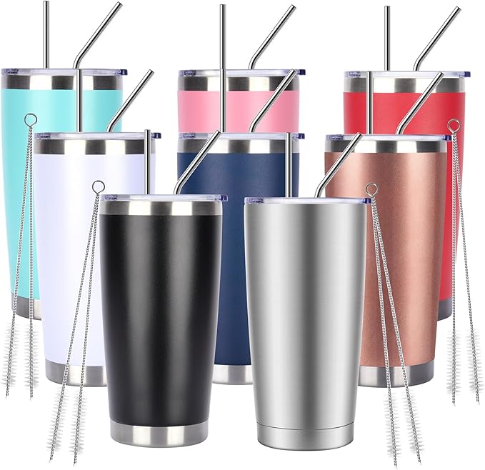 Pandance 20oz Stainless Steel Insulated Tumblers with Lid and Straw Bulk, Double Wall Vacuum Water Cups for Hot & Iced Coffee Drinks Travel Mug (Mix, 8 pack)