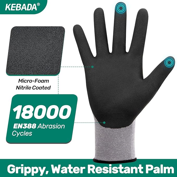 Kebada W2 Safety Work Gloves, Micro-Foam Nitrile Coated Gloves, Touchscreen,Ideal for Package Handling, Gardening, Construction, 1 Pair X-Small