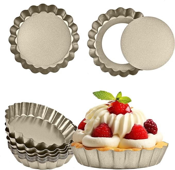 Mini Tart Pan 12PCS, 4 Inch Tart Pan Removable Bottom Non-Stick Tin, 0.9 Inches High Suitable for DIY Making Small Tarts at Home. Champagne Gold Appearance.