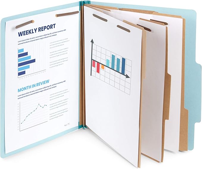 Blue Summit Supplies Light Blue Classification Folders, 3 Dividers, Letter Size with 2 Inch Tyvek Expansions, 8 Section , 10 Pack