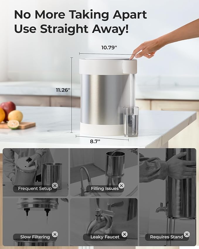 Waterdrop Rechargeable Non-Gravity Water Filter System, 5-Stage Stainless Steel Countertop Filtration, Reduce 70+ Contaminants, Includes Lead, Chlorine and Cadmium, 22-Cup Water System, with 1 Filter