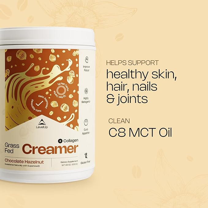 LevelUp Creamer, with Energizing MCT Oil and Collagen Peptides, Keto Coffee Creamer, Supports Natural Energy & Ketone Production - Chocolate Hazelnut