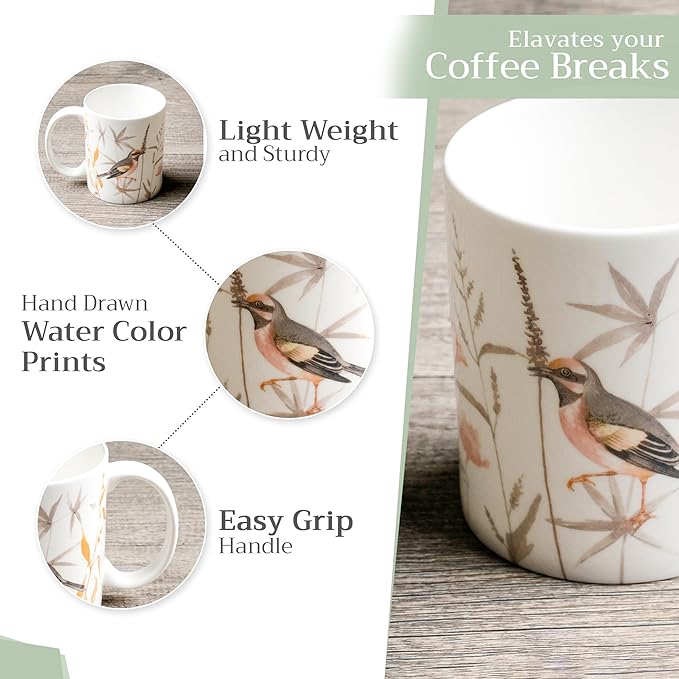 Maison d' Hermine Coffee Mug with Handles Fine Bone China Mugs Pack of One Tea Cups for Hot Beverages Cappuccino Latte Home Office Perfect for Gift (Meadow Florals Beige - Meadow Sunrise, 12 Ounce)