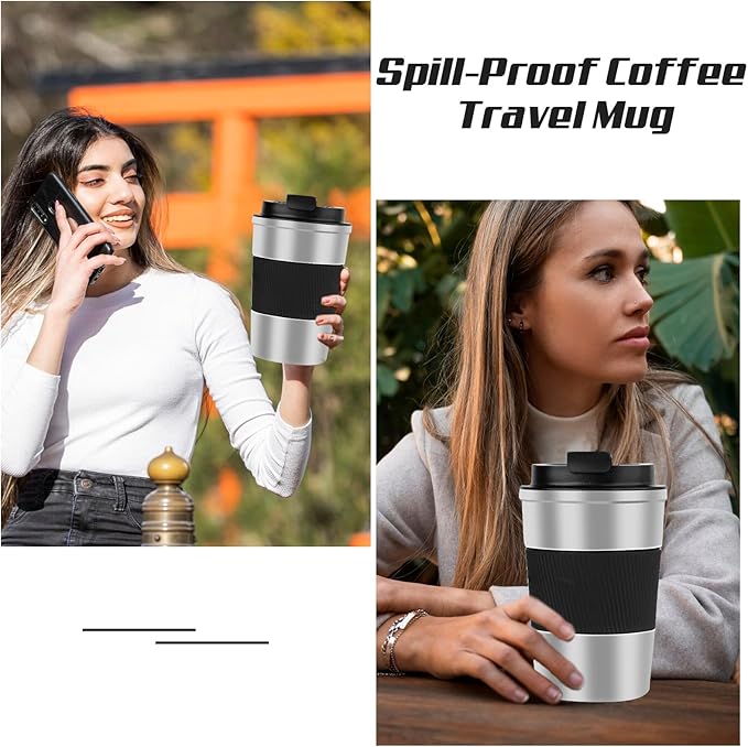 Vacuum-Insulated Stainless Steel Travel Coffee Mug, Leak-Proof Reusable Coffee Cup with Lid - Keep Hot & Cold Drinks for Hours, Durable Thermos Tumbler for Men & Women (3rd-Silver black, 12OZ)