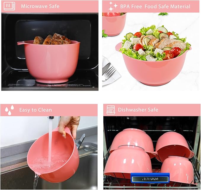 BoxedHome 4 Quart Large Plastic Mixing Bowls, Microwave Safe Mixing Bowl Set with Pour Spout, Nesting Bowls for Space Saving Storage(Candlelight Peach)