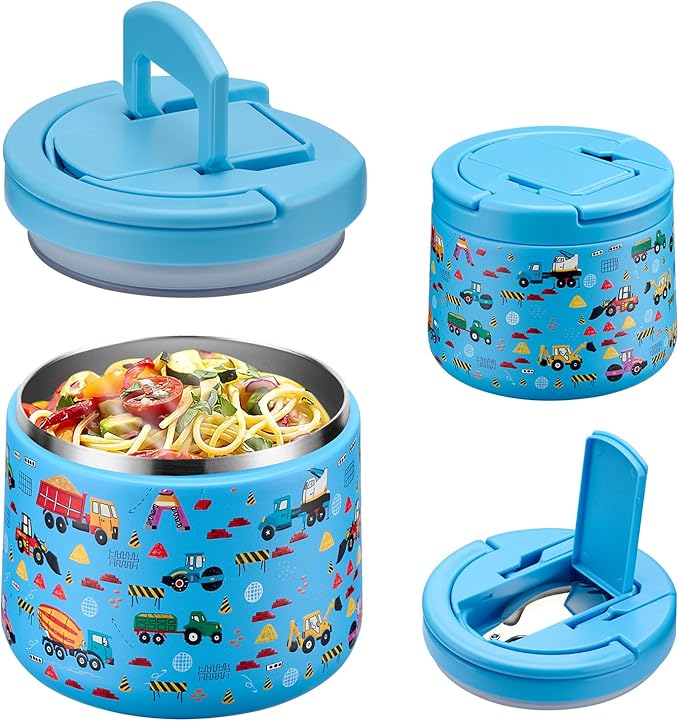 Soup Thermo for Hot Food Kids 14oz Lunch Containers with Buckle Lid Wide Mouth Hot Food Jar Vacuum Insulated Stainless Steel Bento Box Leakproof with Spoon (Truck)