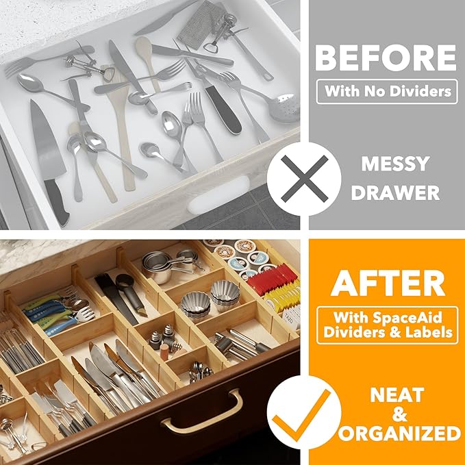 SpaceAid Bamboo Drawer Dividers with Inserts and Labels, Kitchen Adjustable Drawer Organizers, Expandable Organization for Home, Office, Dressers, 10 Dividers with 24 Inserts (17"-22" Natural)