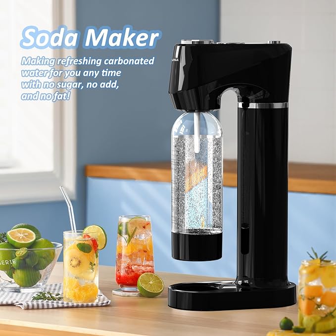Sparkling Water Maker for Home, Soda Streaming Maker with 2 BPA free Bottles(1L + 0.5L) Carbonated Water Seltzer Fizzy Drink Machine, Compatible with Screw-in 60L CO2 Carbonator(NOT Included) (Black)