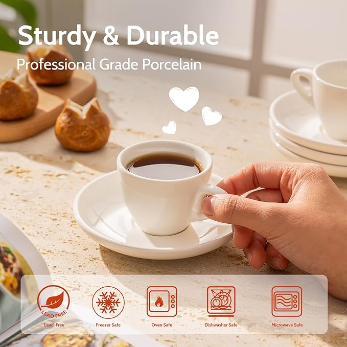 Sweese 2 Ounce Espresso Cups with Saucers, Porcelain Espresso Cups Set of 6 - White