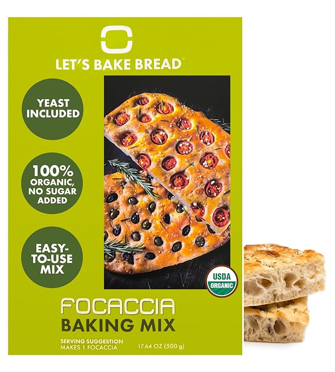Let’s Bake Bread Organic Focaccia Baking Mix - Soft, Flavorful Italian Bread at Home - USDA Organic, Non-GMO, No Additives, Easy Home Baking, Golden Crust, Fluffy Texture - 17.64 oz (1 Pack)